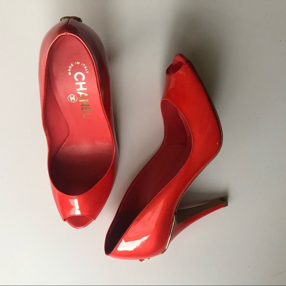Coral Chanel peep toe heels